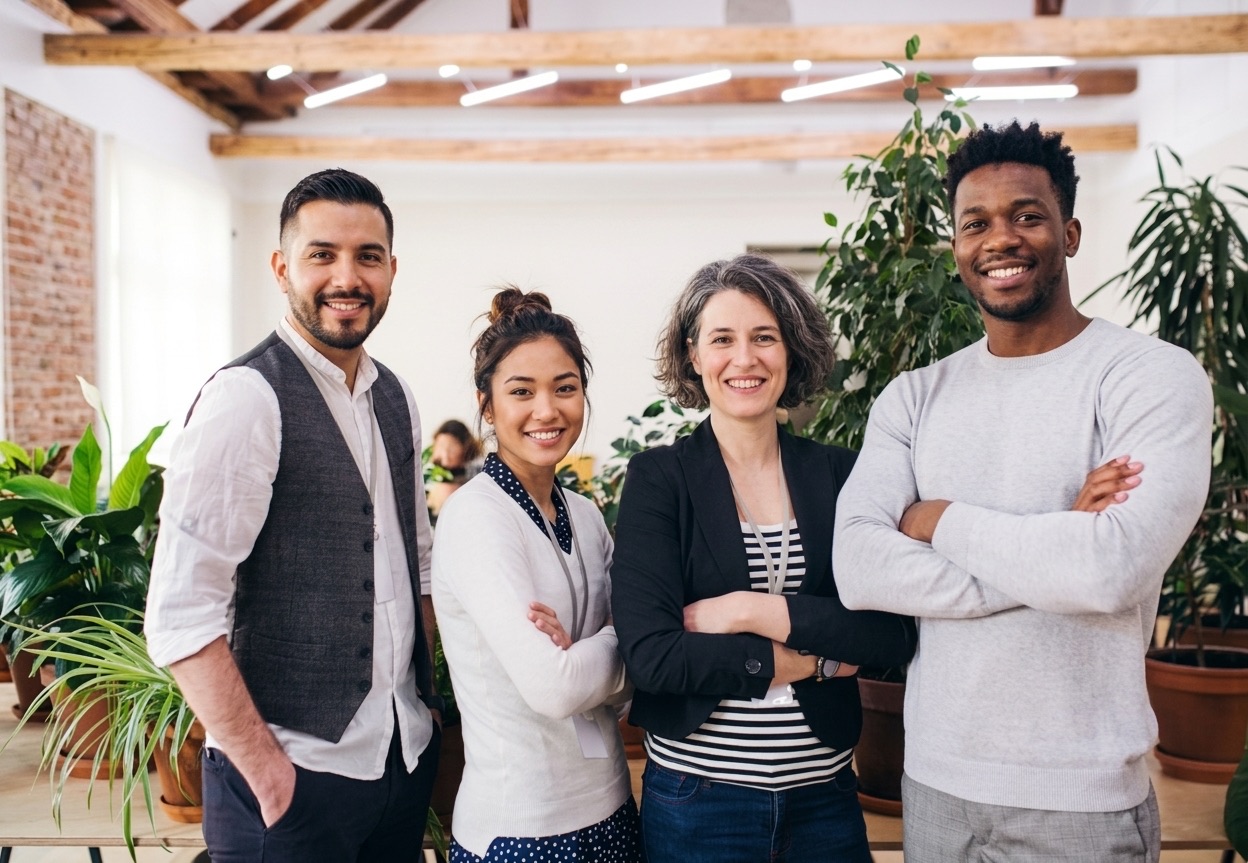 A team of candidates who found their match, standing confidently in their new workplace